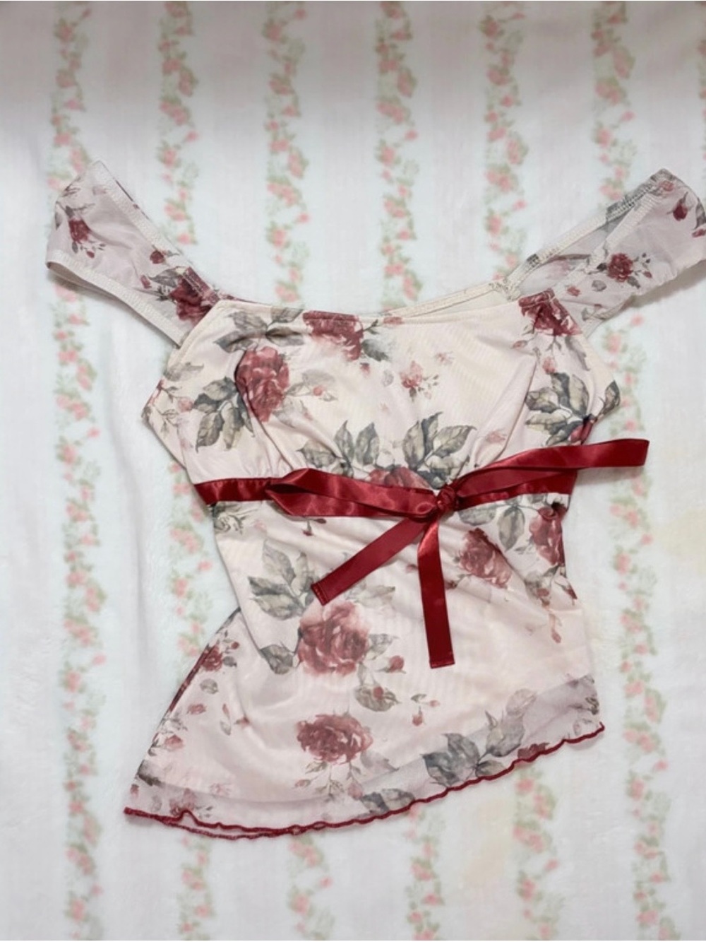 Floral Lace-Trim Chemise with Red Satin Waist Tie Y2K 2000s